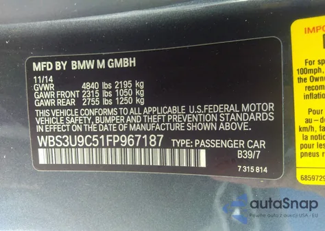 2015 BMW M4 из США, поврежденный, VIN WBS3U9C51FP967187